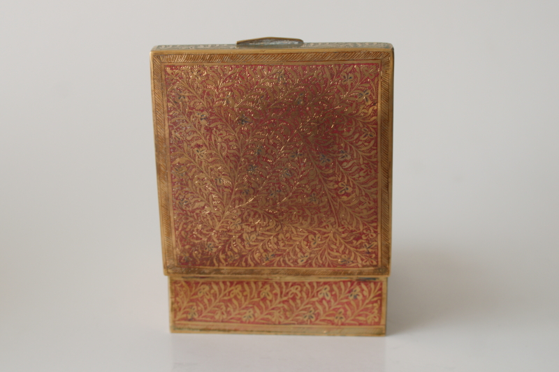 photo of small brass trinket box, vintage India wood lined box etched brass w/ hand painted enamel  #3