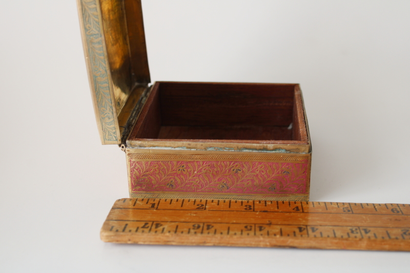 photo of small brass trinket box, vintage India wood lined box etched brass w/ hand painted enamel  #4
