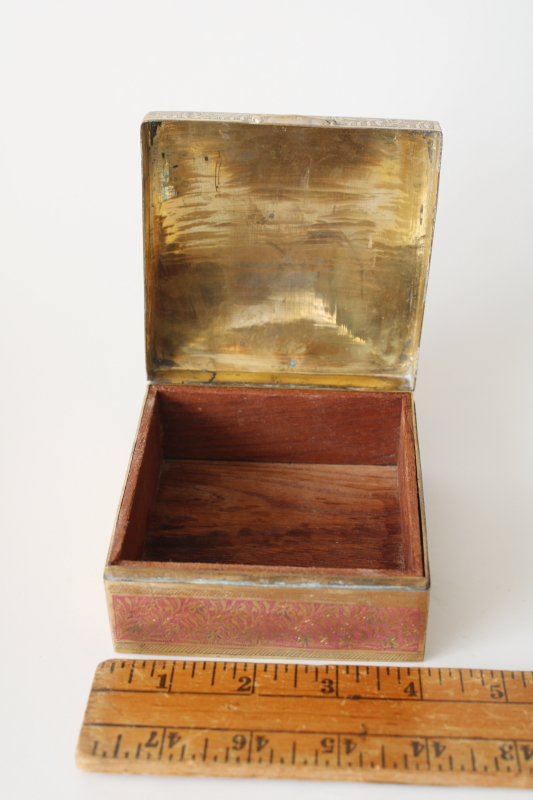photo of small brass trinket box, vintage India wood lined box etched brass w/ hand painted enamel  #5