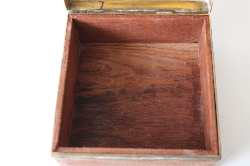 photo of small brass trinket box, vintage India wood lined box etched brass w/ hand painted enamel  #6