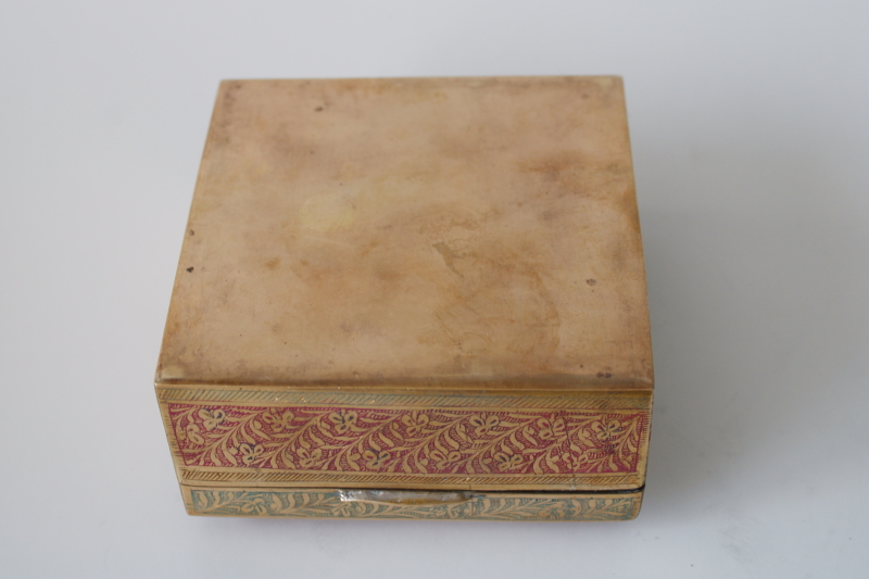photo of small brass trinket box, vintage India wood lined box etched brass w/ hand painted enamel  #7
