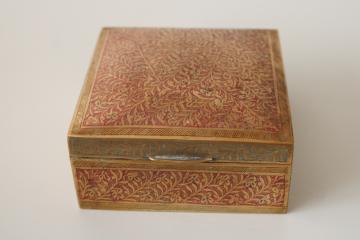 catalog photo of small brass trinket box, vintage India wood lined box etched brass w/ hand painted enamel 