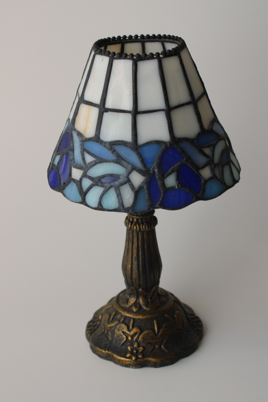 photo of small candle lamp w/ Tiffany style leaded stained glass shade, vintage candle holder  #1