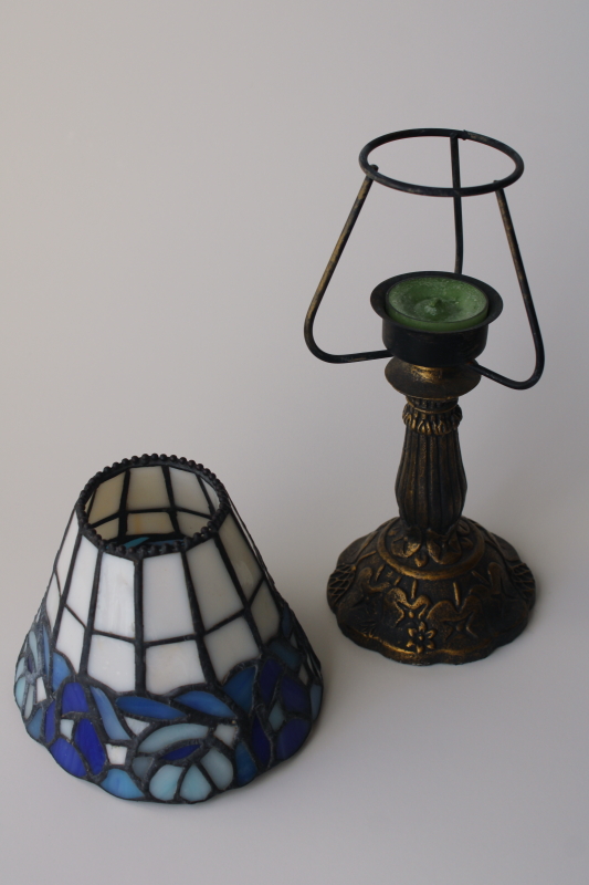 photo of small candle lamp w/ Tiffany style leaded stained glass shade, vintage candle holder  #2