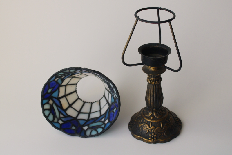 photo of small candle lamp w/ Tiffany style leaded stained glass shade, vintage candle holder  #3