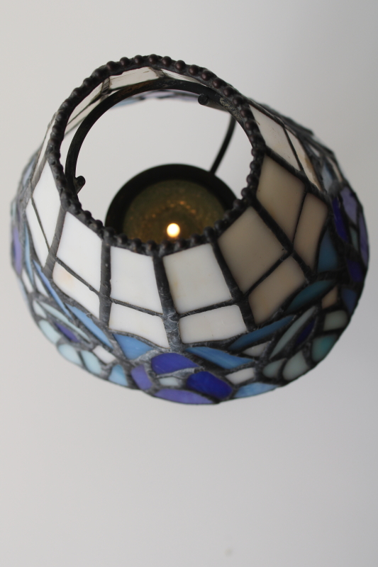 photo of small candle lamp w/ Tiffany style leaded stained glass shade, vintage candle holder  #4