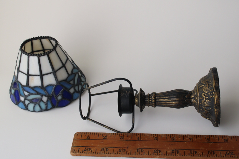 photo of small candle lamp w/ Tiffany style leaded stained glass shade, vintage candle holder  #5