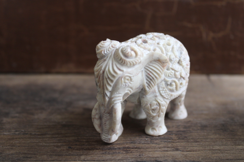 photo of small carved elephant figurine boho flowers, cultured marble stone composition  #2