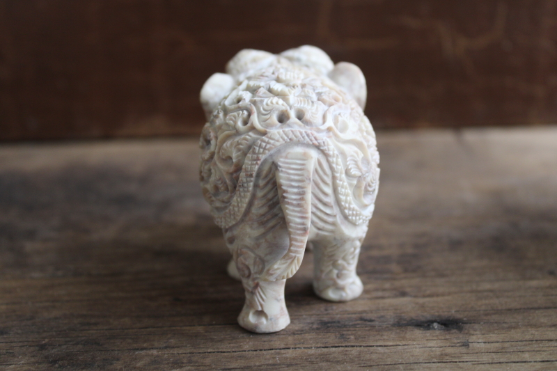 photo of small carved elephant figurine boho flowers, cultured marble stone composition  #3