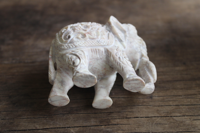 photo of small carved elephant figurine boho flowers, cultured marble stone composition  #4