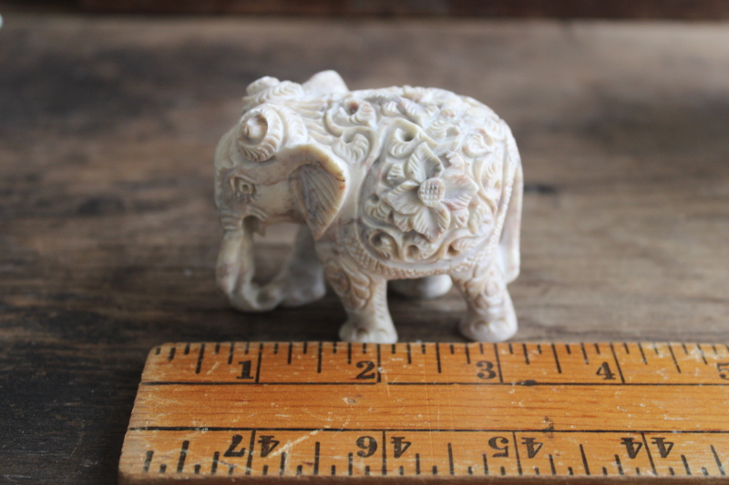 photo of small carved elephant figurine boho flowers, cultured marble stone composition  #5