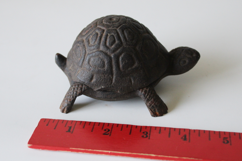 photo of small cast iron turtle trinket ring box or garden art key hider, all metal little turtle #4