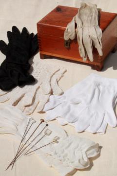 catalog photo of small cedar chest glove box full of vintage hat pins & ladies gloves