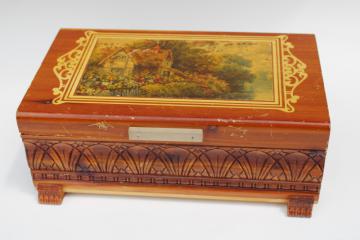 small cedar chest, vintage wood dresser box w/ country cottage garden flowers print