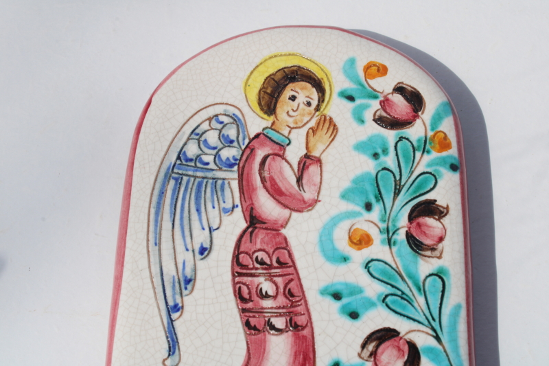 photo of small ceramic wall plaque w/ angel, vintage Italy hand painted folk art pottery #2