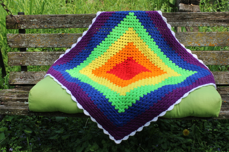 photo of small crochet lap blanket, lovey or shawl, rainbow colors colorful giant granny square  #2