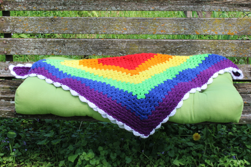 photo of small crochet lap blanket, lovey or shawl, rainbow colors colorful giant granny square  #3
