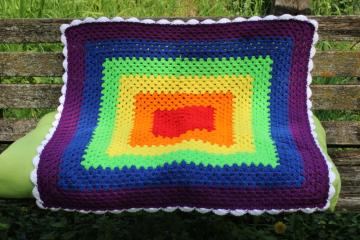 catalog photo of small crochet lap blanket, lovey or shawl, rainbow colors colorful giant granny square 