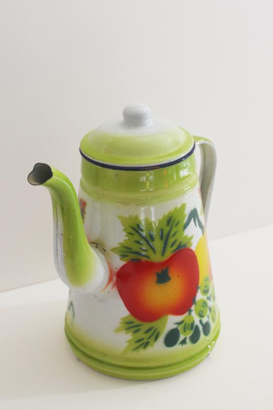 photo of small enamel coffee pot w/ bright colored fruit, vintage enamelware #8