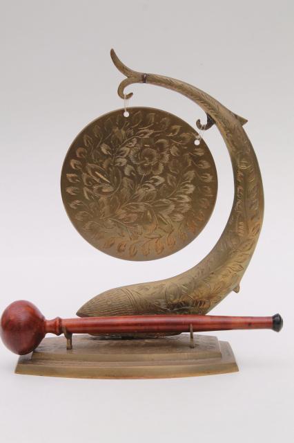 photo of small etched brass gong w/ wooden hammer, vintage dinner bell or zen garden chime ornament #1