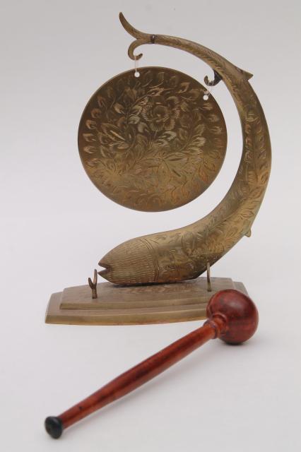 photo of small etched brass gong w/ wooden hammer, vintage dinner bell or zen garden chime ornament #3