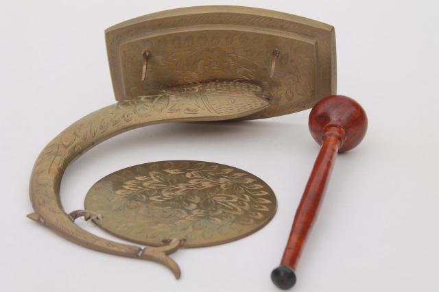 photo of small etched brass gong w/ wooden hammer, vintage dinner bell or zen garden chime ornament #9