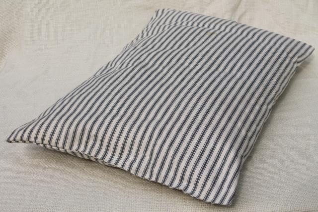 photo of small feather pillow, vintage blue & white ticking stripe chair seat cushion  #5