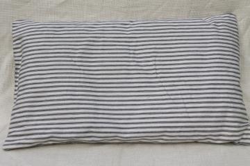 catalog photo of small feather pillow, vintage blue & white ticking stripe chair seat cushion 