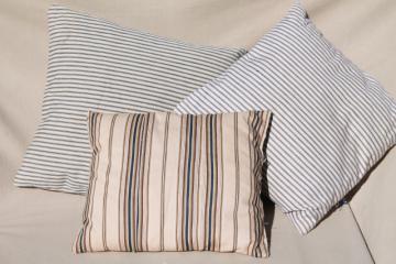 catalog photo of small feather pillows w/ primitive antique striped cotton ticking fabric