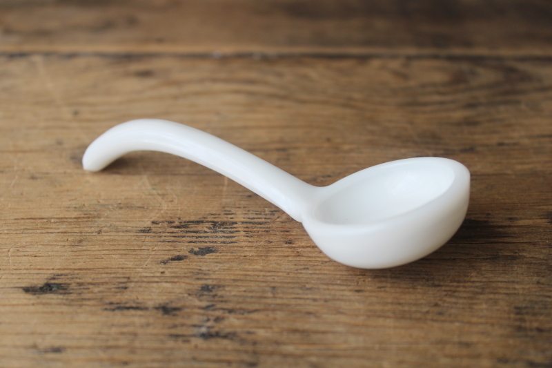 photo of small glass ladle, vintage sauce dish or mayonnaise bowl spoon white milk glass  #3