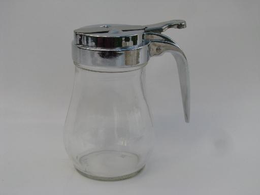 photo of small glass syrup pitcher, drip-cut type metal lid w/ vintage glass jar #1