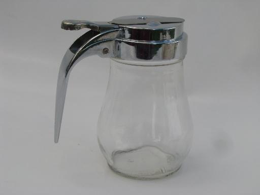 photo of small glass syrup pitcher, drip-cut type metal lid w/ vintage glass jar #3