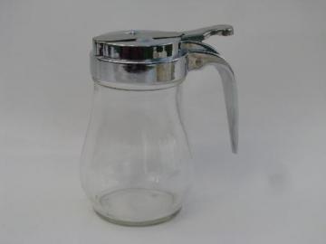 catalog photo of small glass syrup pitcher, drip-cut type metal lid w/ vintage glass jar