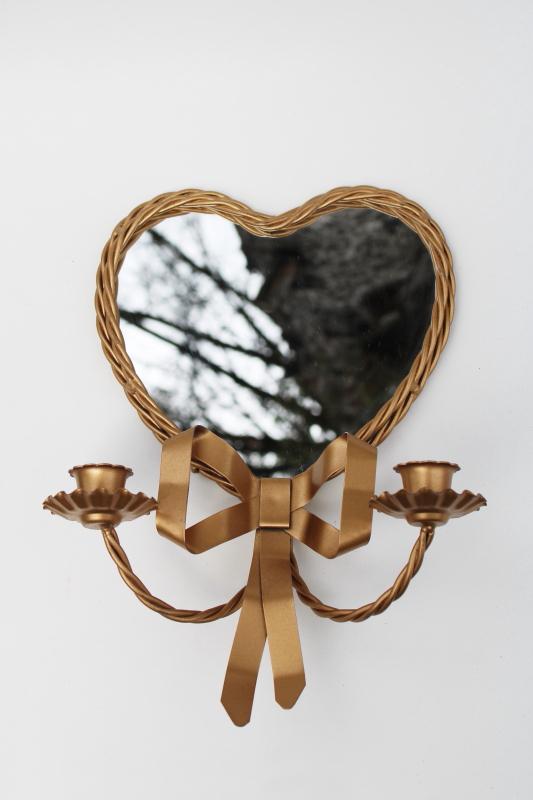 photo of small heart shaped mirror w/ metal candle sconces & gold twist frame, mod vintage #1