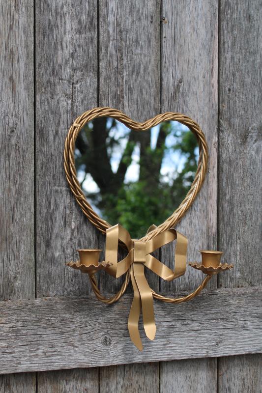 photo of small heart shaped mirror w/ metal candle sconces & gold twist frame, mod vintage #2