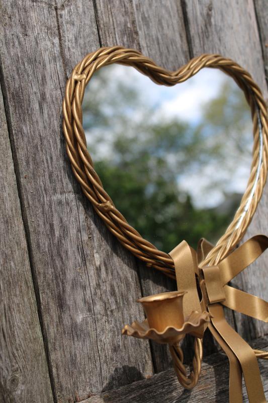 photo of small heart shaped mirror w/ metal candle sconces & gold twist frame, mod vintage #3