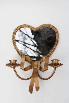 catalog photo of small heart shaped mirror w/ metal candle sconces & gold twist frame, mod vintage