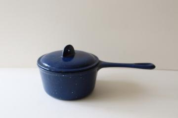 catalog photo of small heavy cast iron pot w/ lid, old blue & white speckled enameled cast iron saucepan