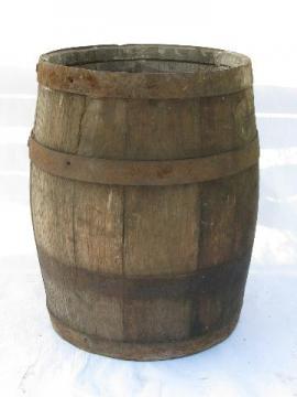 catalog photo of small heavy old wood barrel, antique vintage primitive