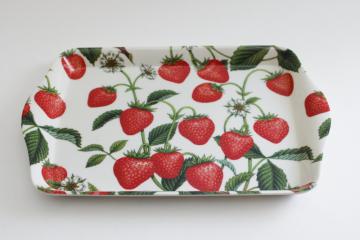 catalog photo of small melamine plastic tray, red and green strawberries strawberry print