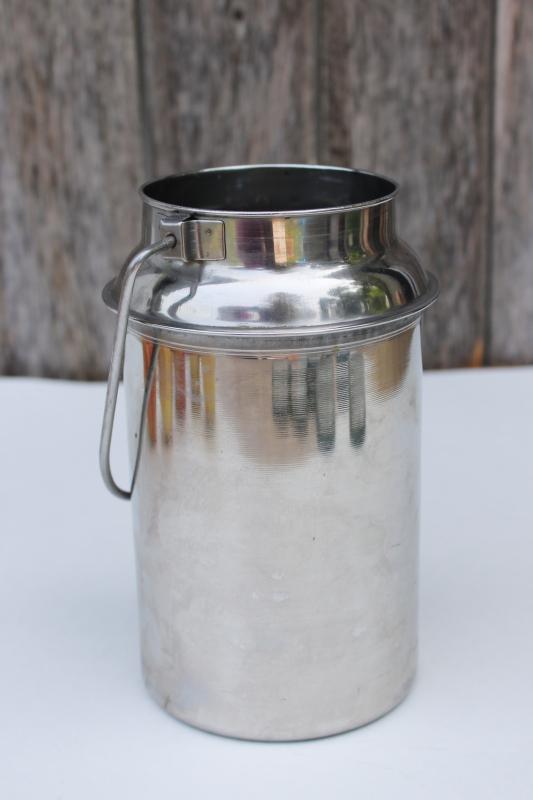 photo of small metal milk can w/ bucket handle, stainless steel dairy or kitchen pail #1