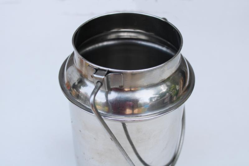 photo of small metal milk can w/ bucket handle, stainless steel dairy or kitchen pail #5