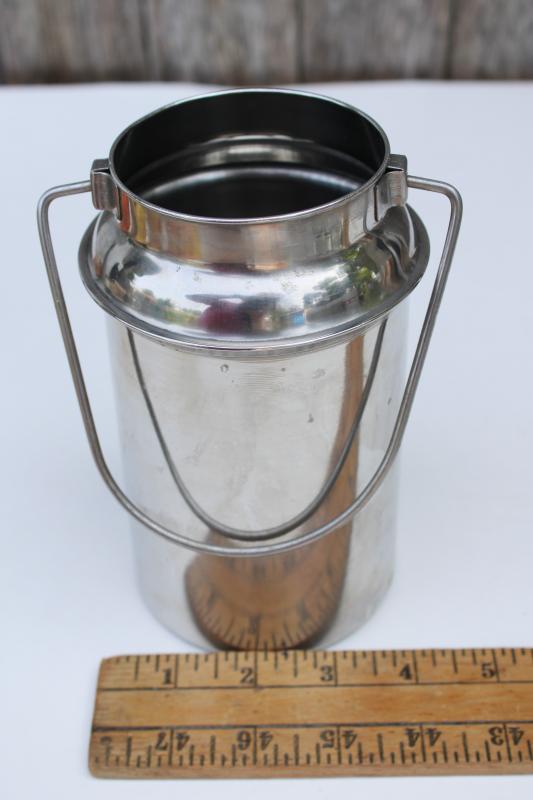 photo of small metal milk can w/ bucket handle, stainless steel dairy or kitchen pail #6