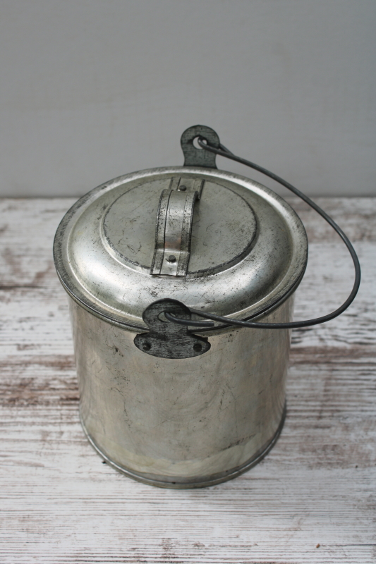 photo of small milk can or lunch bucket, old fashioned vintage tinned steel pail w/ wire bail handle & lid  #2