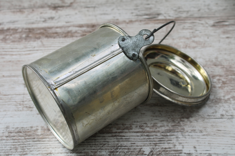 photo of small milk can or lunch bucket, old fashioned vintage tinned steel pail w/ wire bail handle & lid  #4