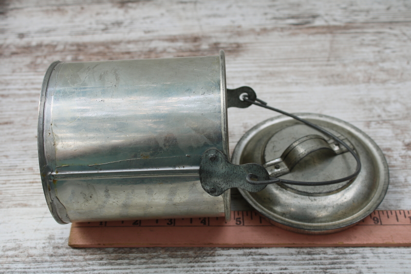 photo of small milk can or lunch bucket, old fashioned vintage tinned steel pail w/ wire bail handle & lid  #5