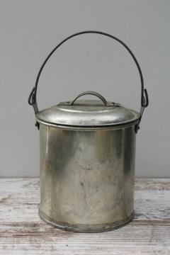 small milk can or lunch bucket, old fashioned vintage tinned steel pail w/ wire bail handle & lid 