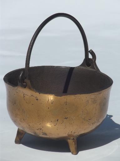 photo of small old cast iron cauldron, vintage fireplace fire starter pot #1