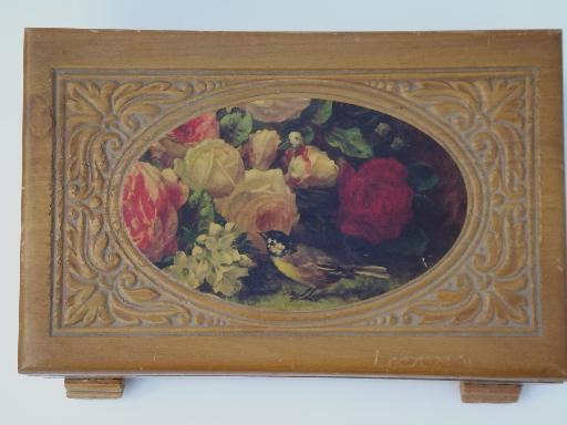 photo of small old cedar chest keepsake or jewelry / glove box, bird and flowers #3