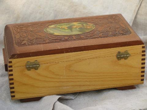 photo of small old cedar chest / wood keepsake box, vintage cottage garden print #4
